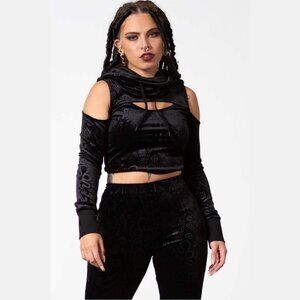 Killstar ✦ Lowkey Velvet Hooded Crop Top ✦ Cold Shoulder Gothic Cutout L NWT